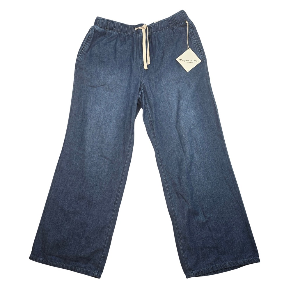 Tahari Premium Denim Wide Leg Drawstring Pants Inkstone Blue 1TL1050F Womens L